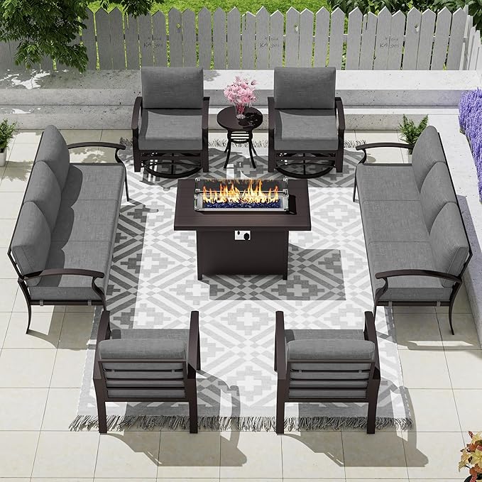 Patio Furniture Set 10 Seats Aluminum Armrest Sofa, Modern Outdoor Living Room Set with 55000 BTU Propane Aluminum Fireplace, Outdoor Rotary Joystick with Thick Cushion - Grey