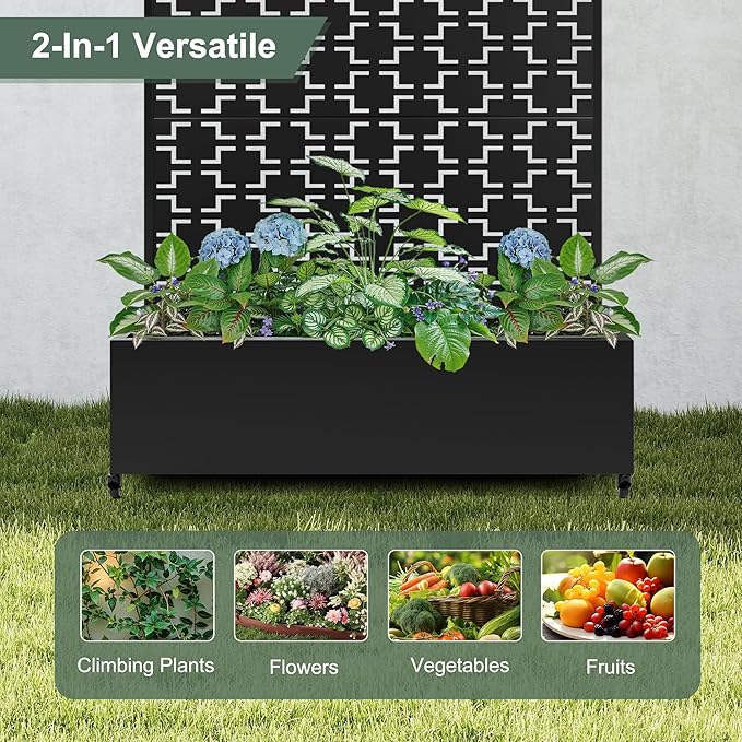 Metal Large Planter Box with Trellis Privacy Screen, Outdoor Raised Garden Beds with Wheels for Climbing Plants Vines, Outdoor Standing Flower Beds with Drainage Holes (47"L, Black Square)