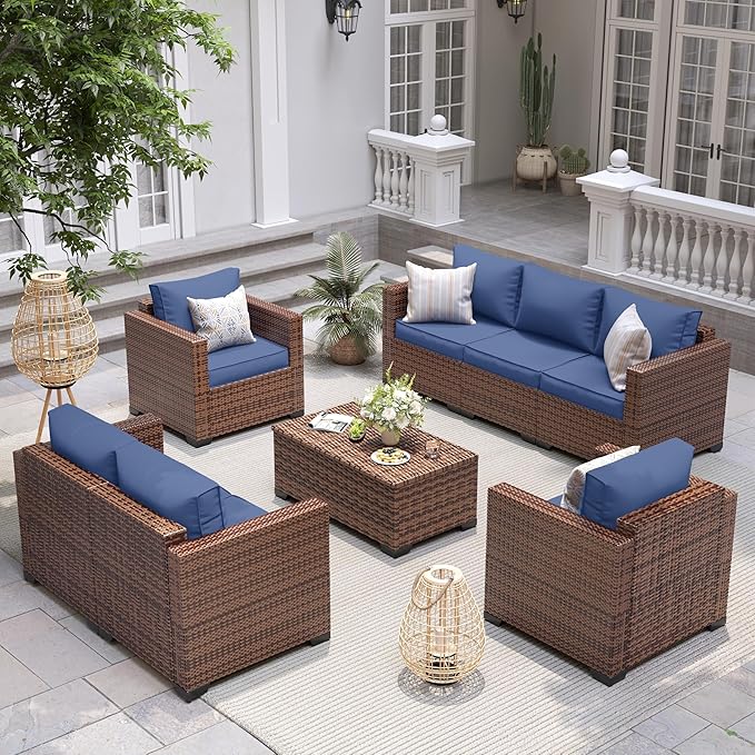UDPATIO 5 Piece Outdoor Furniture Set, Oversized Armrest Patio Furniture Sets with Storage Table No-Slip Cushions Waterprool Covers for Poolside Deck Backyard Navy