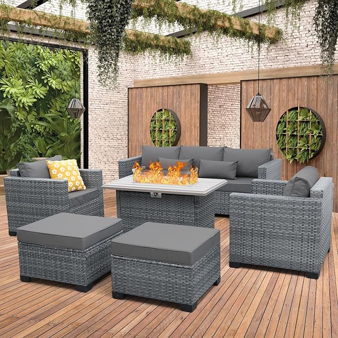 6 Pieces Wicker Patio Furniture Sets Outdoor Conversation Set PE Rattan Sectional Sofa Couch with 45" Fire Pit Table and Grey Cushions