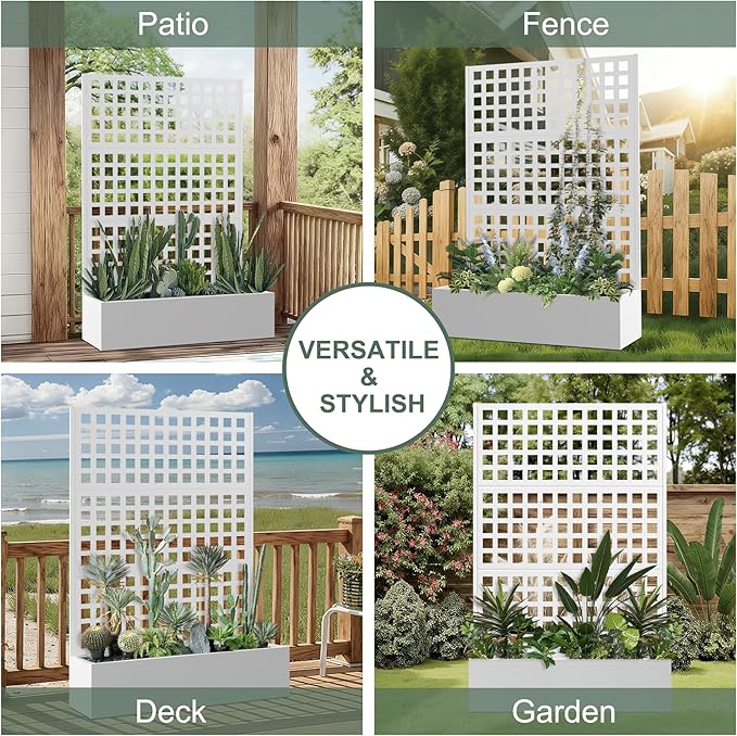 Metal Raised Garden Beds Outdoor with Trellis & Privacy Screen for Outdoor Plants, Planter Box for Climbling Plants, Flowers, Vine, Large Garden Boxes with Drainage Holes (47"L×16"W×71"H, White)