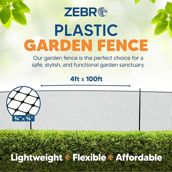 3/4" Square Mesh Plastic Fence Roll (4' x 100' - Black) - Unobtrusive 4 Foot High Temporary Garden Fencing Netting to Protect Plants, Patio, Porch, Yards and Outdoor Spaces from Deer & Animals