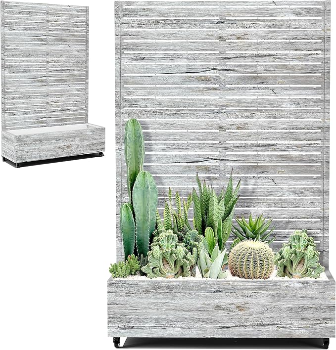 Metal Planter Boxs with Trellis & Wheels for Outdoor Plants, Vines, Large Raised Garden Beds with Drainage Holes for Patio (47" L, Gray Oak Grain)