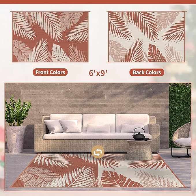 GENIMO Outdoor Rug 6' x 9' Waterproof for Patios Clearance, Reversible Plastic Straw Camping Carpet, Area Rug for RV, Picnic, Backyard, Deck, Balcony, Porch, Beach, Christmas Decorations, Brick&Red