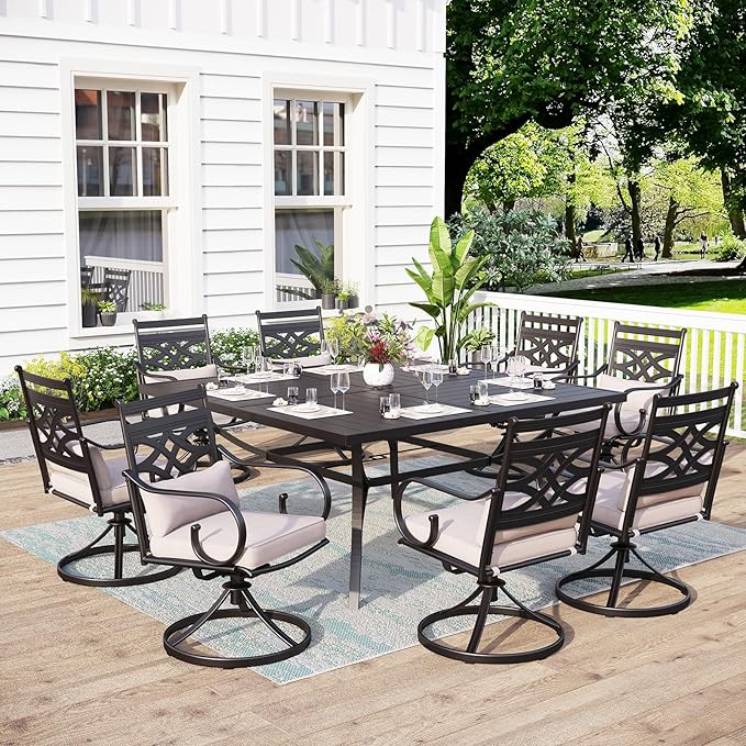 MFSTUDIO Patio Dining Sets for 8, Patio Table and Chairs Set with Umbrella Hole, Patio Furniture Set with Square Table & Swivel Chairs, 9 Piece Outdoor Dining Set for Deck, Poolside, Backyard, Garden