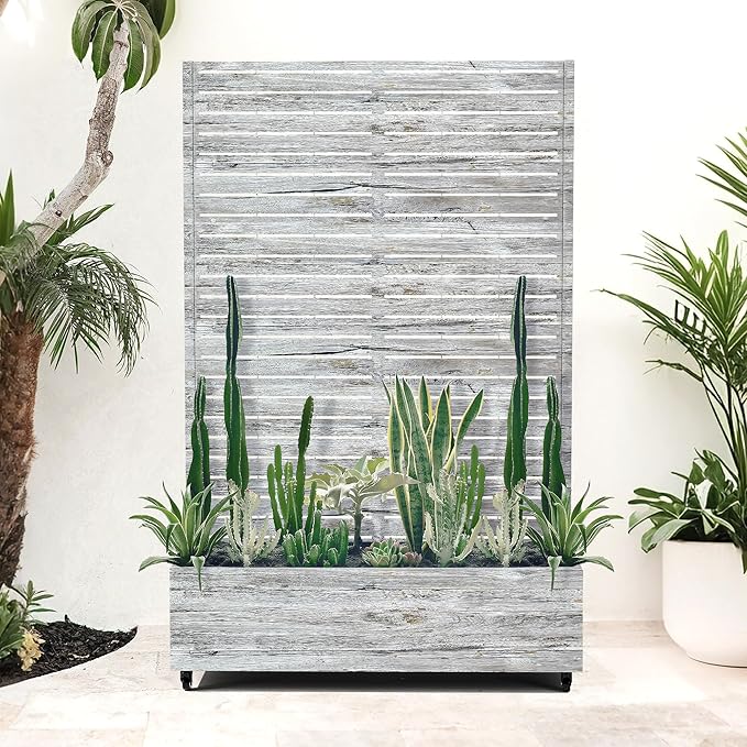 Metal Planter Boxs with Trellis & Wheels for Outdoor Plants, Vines, Large Raised Garden Beds with Drainage Holes for Patio (47" L, Gray Oak Grain)