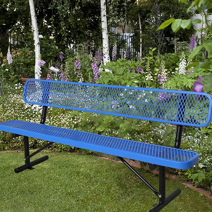 8 FT Steel Park Bench for Outside, Outdoor Bench with Backrest & Portable Frame, Thermoplastic Coating, Commercial Benches for Shopping Mall, Store, Park, Patio, Deck, Blue