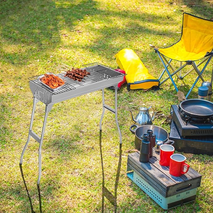 Folding Kabob Grill Stainless Steel, Foldable Barbecue Charcoal Grill, Kebab Grill for Camping Picnic Backyard Grilling Tailgating (28 x 13 x 27.5 inch)