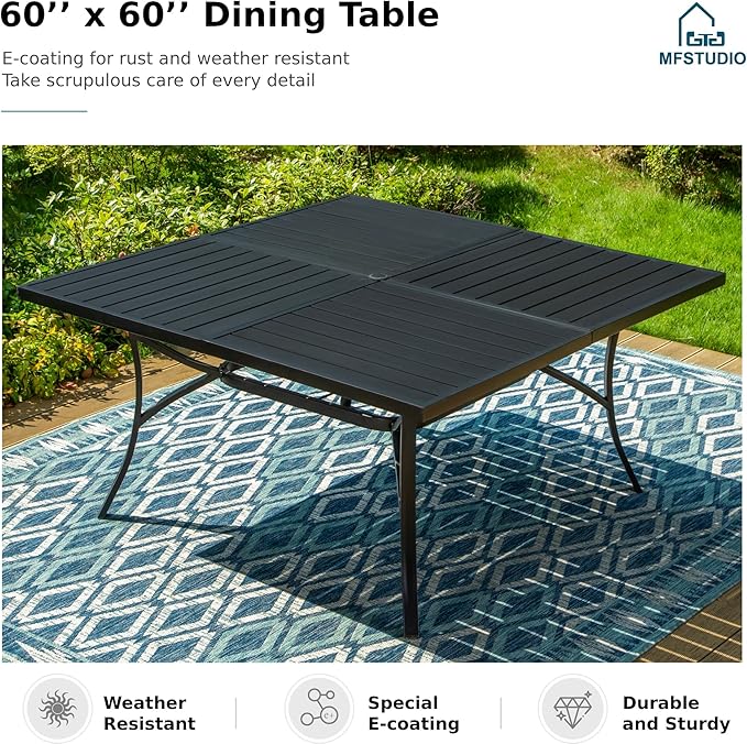 MFSTUDIO Patio Dining Sets for 8, Patio Table and Chairs Set with Umbrella Hole, Patio Furniture Set with Square Table, 9 Piece Outdoor Dining Set for Deck, Poolside, Backyard, Garden