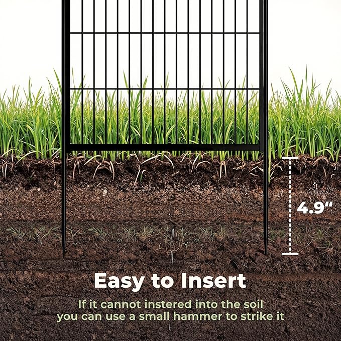 SunsGrove Garden Fence 45 in(H) x 8.9 ft(L) 4 Panels, Heavy Duty Metal Animal Barrier Fence for Dogs, Easy No-Dig Setup, Decorative Dog Fences, Black