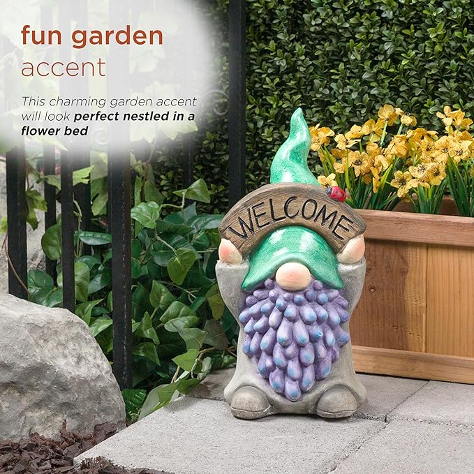 Alpine Corporation QWR1470 Gnome with Green Hat Holding “Welcome” Sign, Stylish Décor for Garden, Patio, & Pathway, 15" H