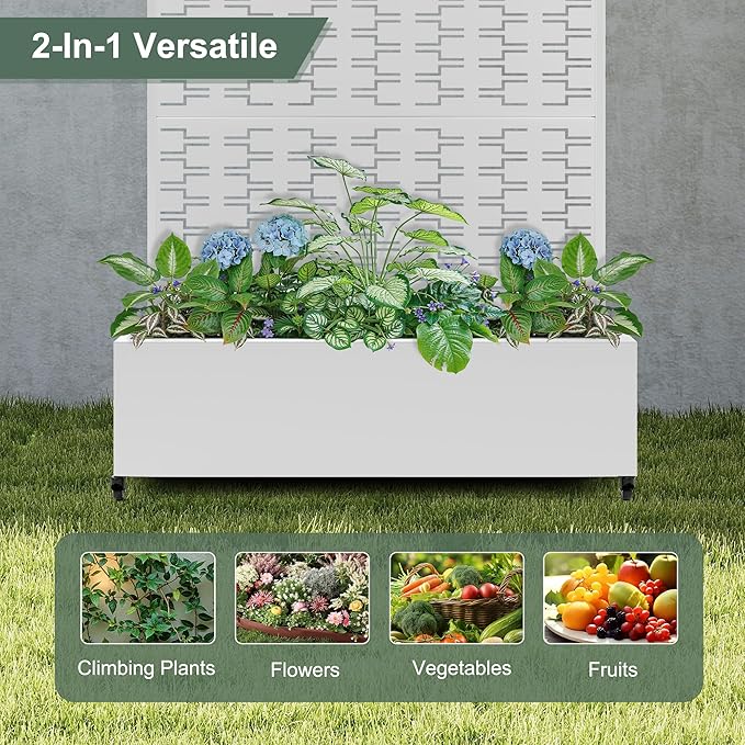 Metal Large Planter Box with Trellis, Raised Garden Beds with Privacy Screen & Wheels for Outdoor Plants, Planter Boxes with Drainage Holes (47" L×16" W×71" H, White Rectangle)