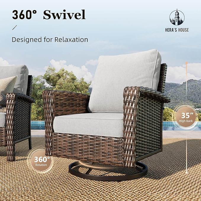 HERA'S HOUSE Outdoor Furniture, High Back Wicker Patio Swivel Chairs with Rattan Table for Deck Balcony Lawn Garden, Grey