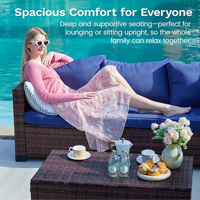 UDPATIO Patio Furniture Set with Fire Pit Table, 7 Pieces Outdoor Furniture Sets, Wicker Rattan Patio Conversation Sets with Ottoman and Waterproof Covers for Porch Deck Backyard, Navy Blue