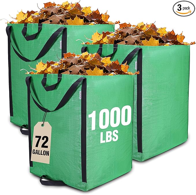WORKPRO Heavy Duty 72-Gallon Reusable Yard Waste Bags, 3 Pack Self-standing Leaf and Lawn Bags with Reinforced Handles, Garden Waste Bags for Debris, Leaves, Grass, and Outdoor Recycling, Green