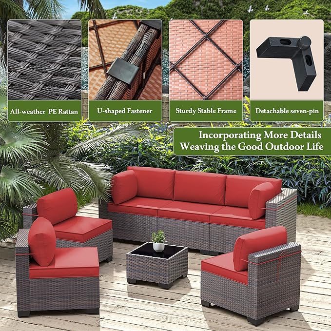 Outdoor Patio Furniture Set, 14 Pieces Outdoor Furniture All Weather Patio Sectional Sofa PE Wicker Modular Conversation Sets with Coffee Table,12 Chairs & Seat Clips(Red)