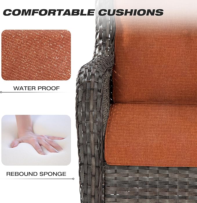 Joyside Wicker Patio Furniture Sets 7 Piece Set with One 3-Seat Sofa, Four Armchairs, Two Ottomans, Wicker Outdoor Furniture Sectional Conversation Set(Mixed Grey/Orange)