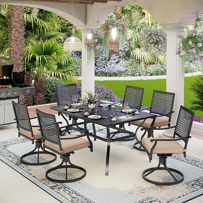 MFSTUDIO 7 Pieces Patio Dining Sets with 1 Large Rectangular Metal Table with Umbrella Hole and 6 Swivel Chairs (Cushion Included), Outdoor Furniture for 6, Black