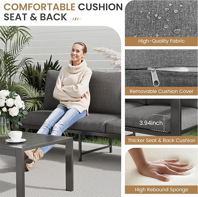 Aluminum Patio Conversation Set with Coffee Table 3PCS Deck Outdoor Furniture 5-Seat All-Weather Rust-Proof Sectional Sofa Set with Removable Cushion for Backyard, Poolside & Small Spaces