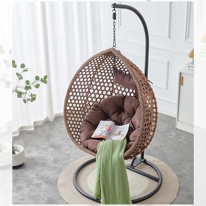 Hanging Egg Chair with Stand, Egg Swing Chair with Stand Indoor Outdoor, Brown Wicker Swing Egg Chair for Adults, Hammock Chair with Comfortable Cushion and Stable Round Metal Base for Bedroom Patio