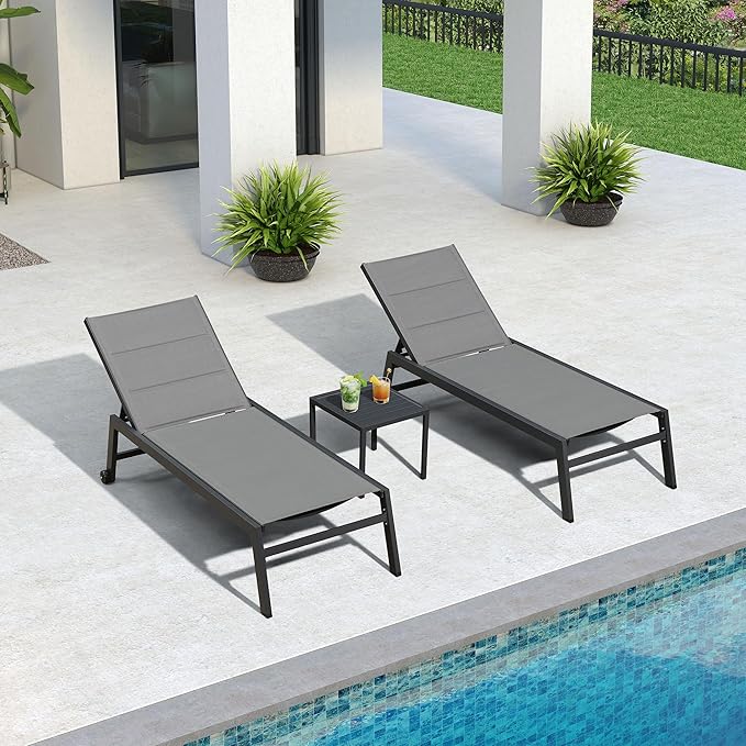 PURPLE LEAF Extra Large Outdoor Chaise Lounge 2 Pieces Aluminum Patio Lounge Chair with Wheels Reclining Chair for Patio Pool Beach Sunbathing Grey Oversized Lounger