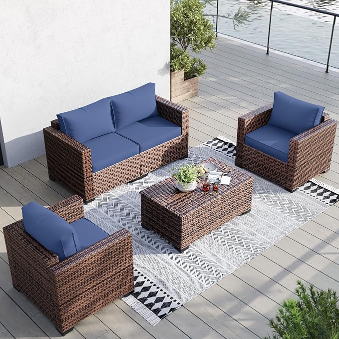 UDPATIO 4 Pieces Balcony Furniture, Outdoor Patio Furniture with Storage Coffee Table, Oversized Armrest Wicker Patio Set with Blue Cushions for Backyard Porch Garden Poolside