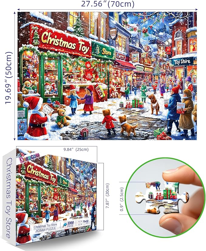 Christmas Village Street Scene Winter Holiday 1000 Piece Jigsaw Puzzle, Traditional, Family Fun Activity