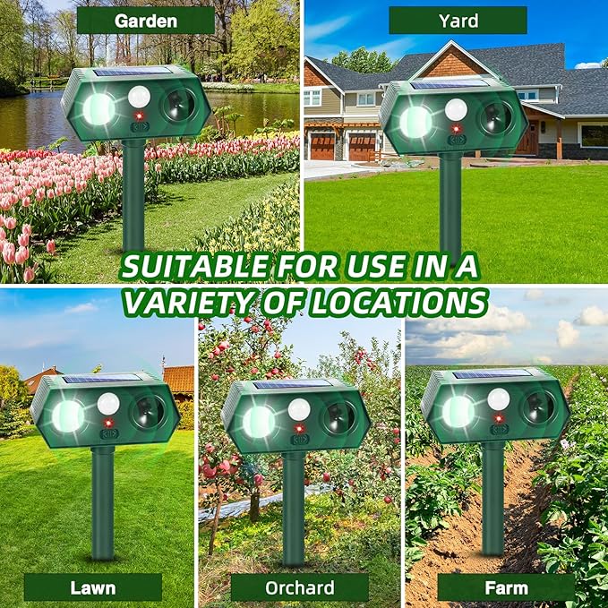 4Pack Solar Ultrasonic Animal Repellent,Waterproof Deer Repellent Devices with Motion Detection,2025 Cat Repellent Outdoor Squirrel Skunk Rabbit Dog Raccoon Bird Deterrents Animal Repeller for Yard