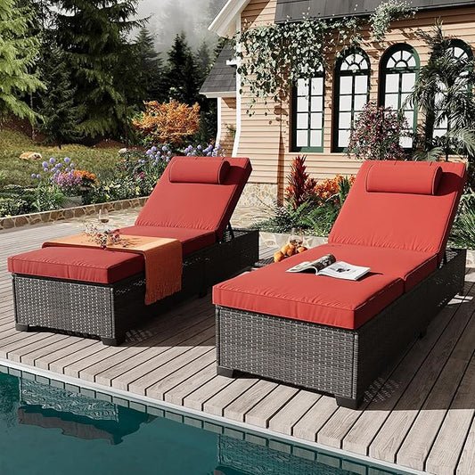 Outdoor PE Wicker Chaise Lounge Chairs, Set of 2, Brown Rattan, Modern Style, Adjustable Backrest, Recliners with Red Cushion