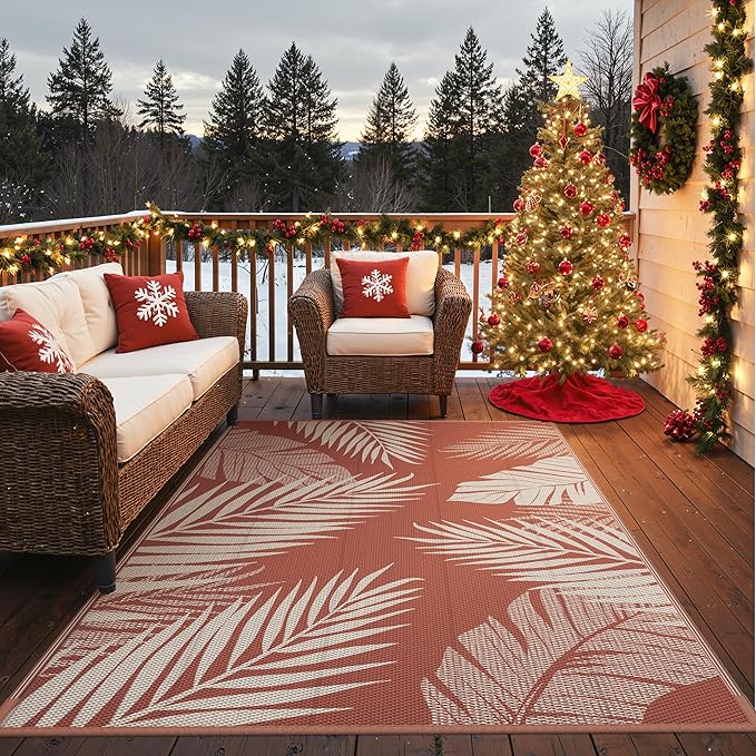 GENIMO Outdoor Rug 6' x 9' Waterproof for Patios Clearance, Reversible Plastic Straw Camping Carpet, Area Rug for RV, Picnic, Backyard, Deck, Balcony, Porch, Beach, Christmas Decorations, Brick&Red