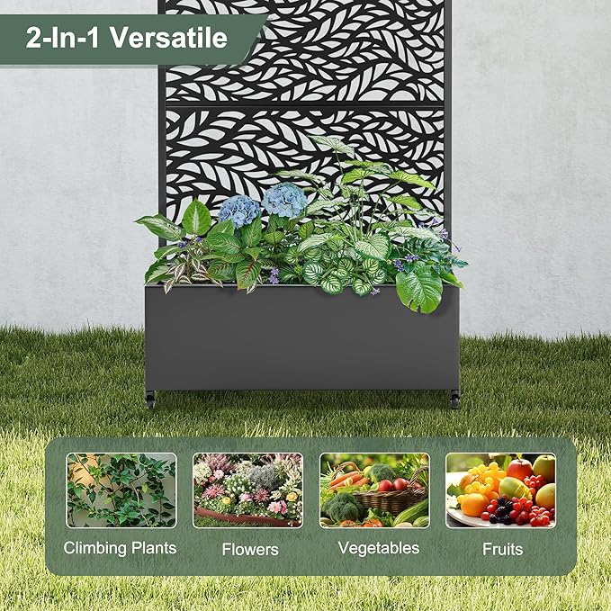Metal Standing Planter Box with Trellis, Privacy Planter for Patio, Outdoor Raised Garden Beds with Trellis for Climbing Plants, Garden Boxes with Wheels & Drainage Holes (35"L, Black Spring)