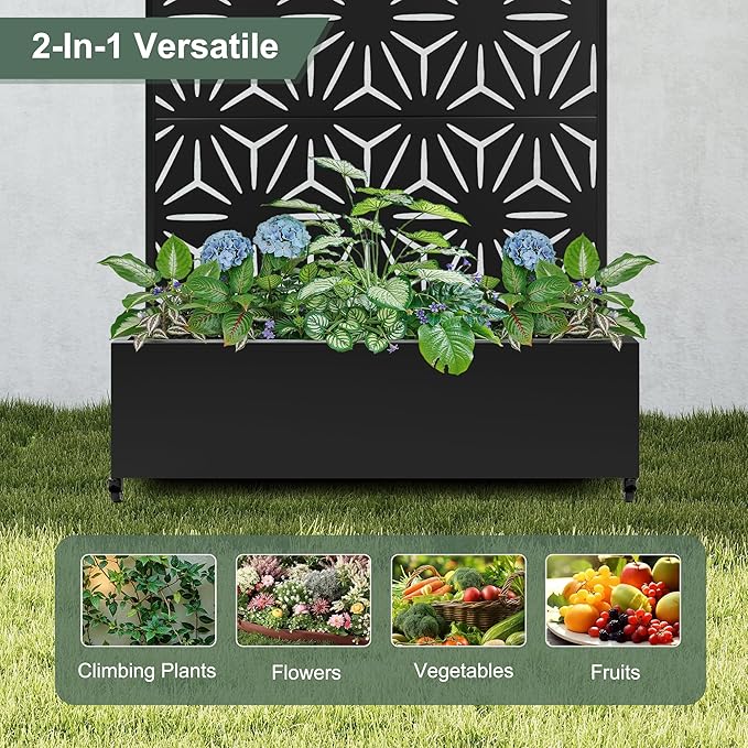 Metal Planter Box with Trellis & Privacy Screen for Patio, Large Raised Garden Beds with Drainage Holes & Wheels, 47" L×16" W×71" H Standing Flower Beds with Trellis (Black Star)