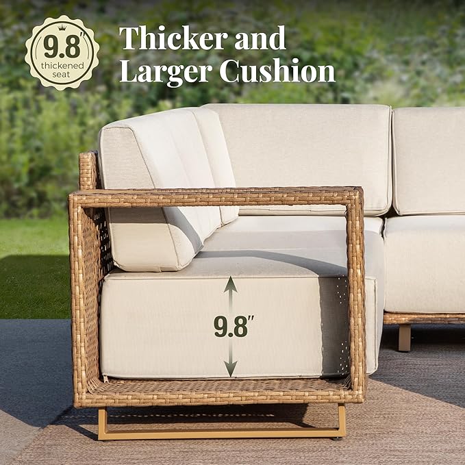 Outdoor Patio Furniture Set, 6 Piece Patio Couch Rattan Wicker Sofa, Sectional Modular Outdoor Conversation Set with 10" Extra Thick Cushions for Deck Backyard Lawn