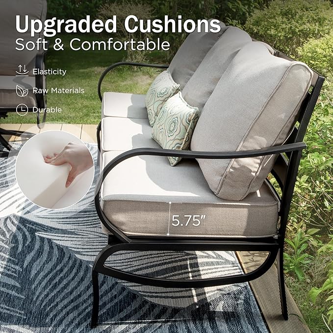 PHI VILLA 8 Piece Outdoor Patio Furniture Set with 1 x 45 FirePit Table, 1 x 72 Deep Seating Sofa Bench, 2 x C-Base Sofa Chairs, 2 x Armrest Legs Chair and 2 x Metal Cushioned Ottoman