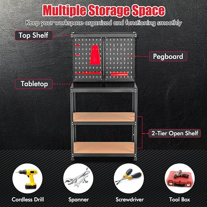 Goplus Workbench with Pegboard, 4-Tier 32” x 16” Work Table with 14 Pcs Hanging Accessories, Heavy Duty Metal Tool Stoage Bench, Work Bench for Garage, Workshop, Repair Shop