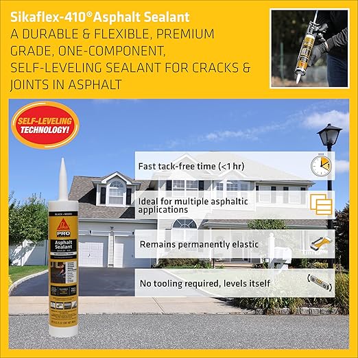 SIKA Sikaflex-410 Asphalt Sealant - Black, Self-Leveling Hybrid for Filling Cracks in Driveways & Pavements - 9 fl. oz Cartridge - Durable, Fast-Acting, Weather Resistant (Pack of 6)