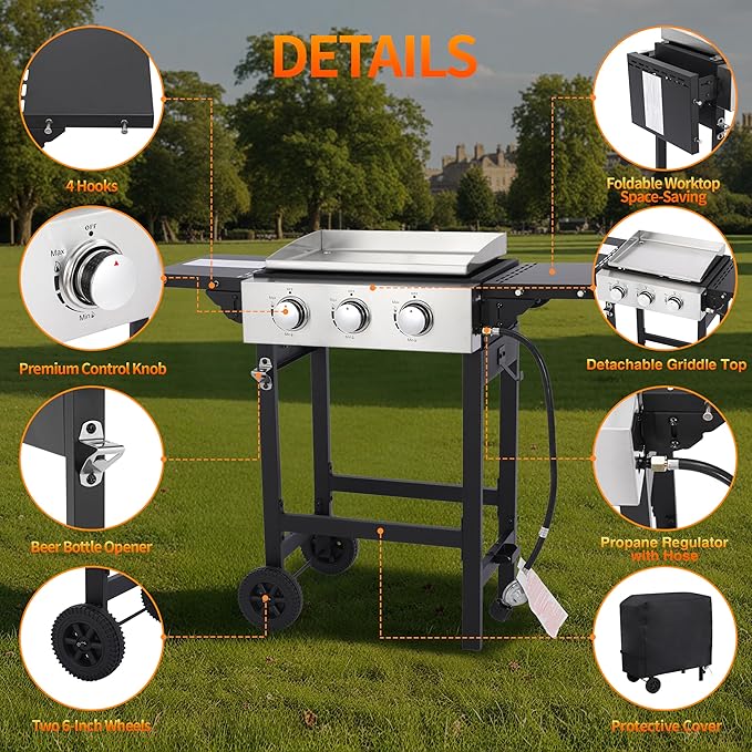 Portable 3-Burner Flat Top Grill with Folding Tabletop Design & Integrated Cart - 28650 BTU Propane Griddle for Outdoor Cooking, Camping, Tailgating