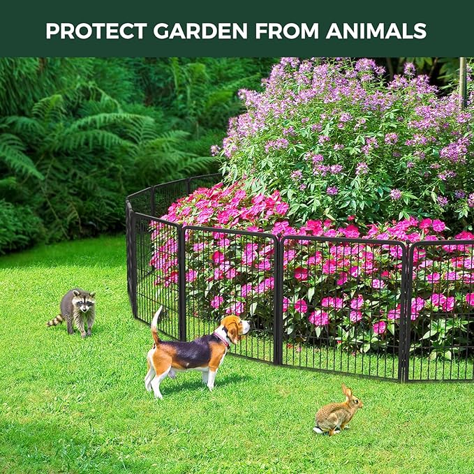 FXW Garden Fence Outdoor for The Yard – 24in(H) x 30.4ft(L) Heavy Duty Metal Animal Barrier for Dog and Rabbit, Decorative Dog Fence, 16 Panels, Black