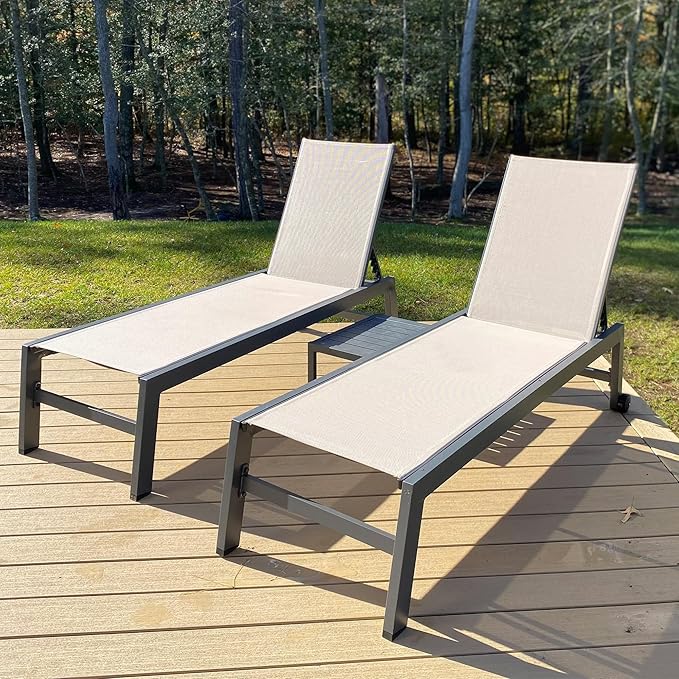 PURPLE LEAF Patio Chaise Lounge Set 4 Pieces Aluminum Outdoor Lounge Chairs with Wheels, Textilene Sunbathing Recliner, Beige