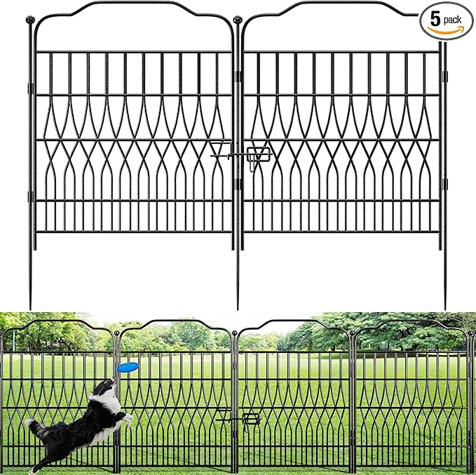Bepatio 5 Panels Tall Garden Fence with Latch, 43.3in (H) x 14.8ft (L) Dog Fence Outdoor for Yard, Arc Metal Fencing Panels, Animal Barrier Fencing for Outdoor, Patio, Flower Bed