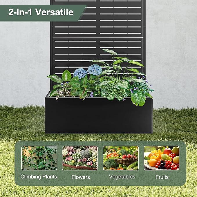 Metal Planter Box with Trellis for Climbing Plants Outdoor, Raised Garden Bed with Trellis, Privacy Screen for Patio (35" L×16" W×71" H, Black Blinds)