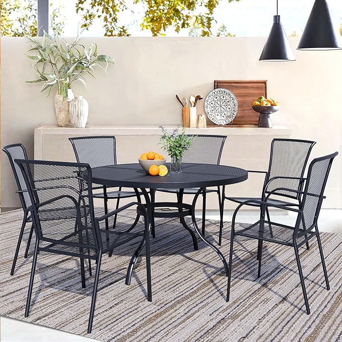 7 Piece Outdoor Dining Set, Patio Dining Set for 6, 47" Mesh Round Table with 6 Black Metal Mesh Outdoor Dining Chairs with Armrest for Lawn, Garden, or Porch
