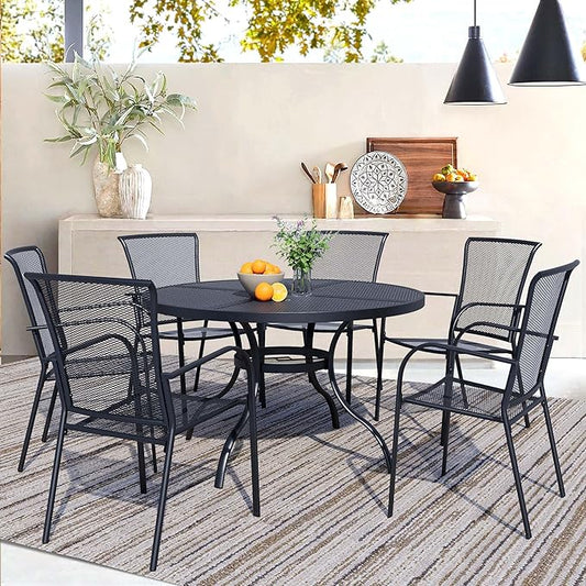 7 Piece Outdoor Dining Set, Patio Dining Set for 6, 47" Mesh Round Table with 6 Black Metal Mesh Outdoor Dining Chairs with Armrest for Lawn, Garden, or Porch