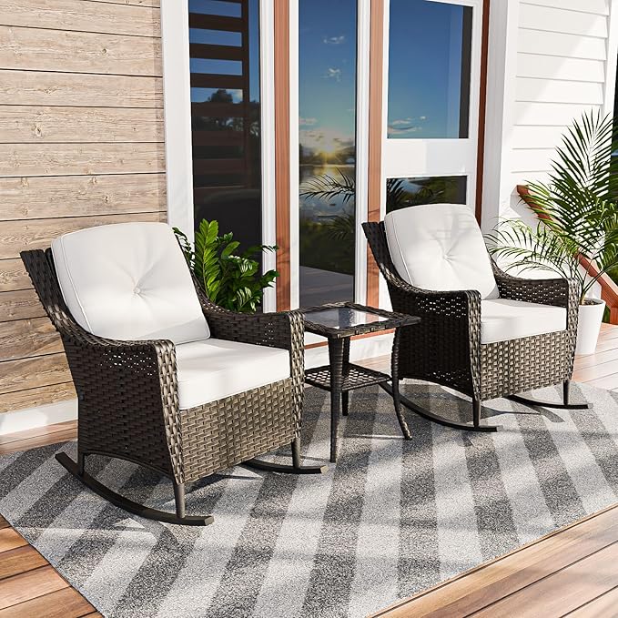 COOS BAY Stone Harbor Patio Bistro Set, 3 Piece Rattan Patio Table and Chairs Set, Wicker Rocking Chairs with Side Table, Small Balcony Furniture Set, Brown/Beige