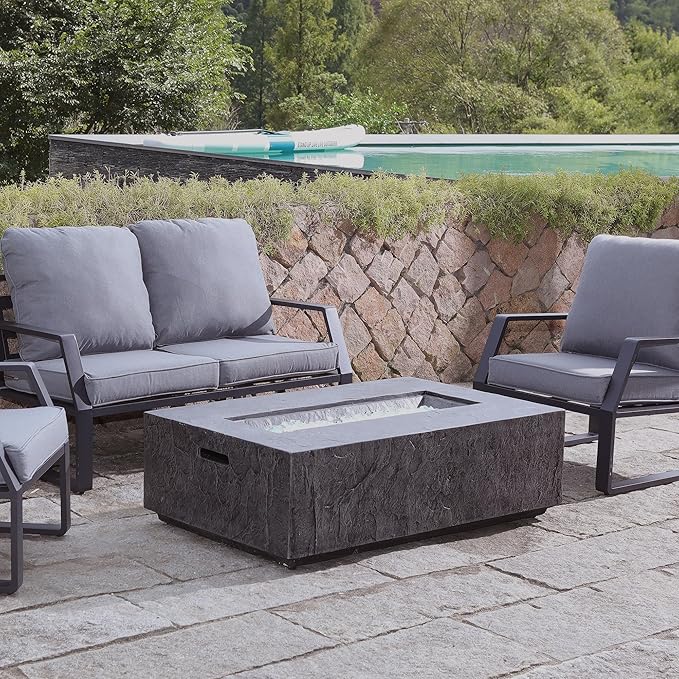 48" Outdoor Propane Fire Pit Table, Rectangle Fire Table w White Fire Glass(50,000 BTU), Patio Firepit Table Slate Gas Fire Table w Rain Cover for Outside, Backyard