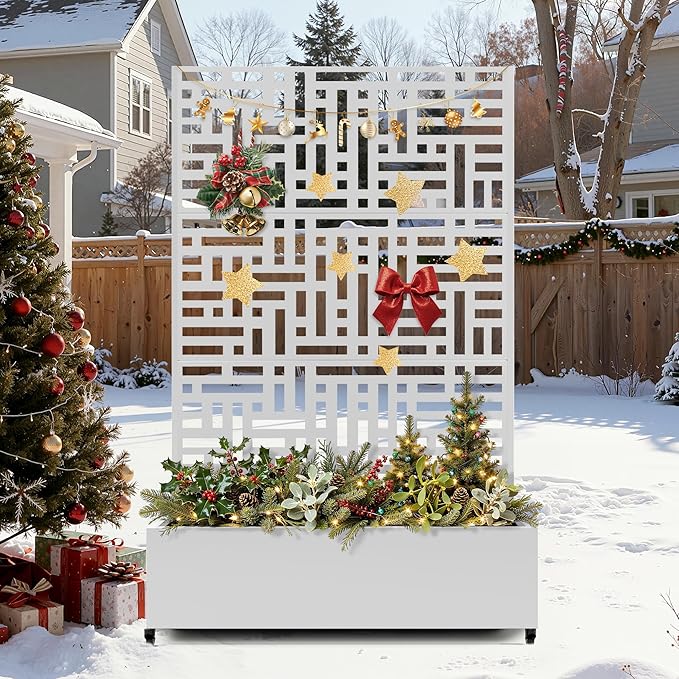 FENCY Metal Raised Garden Bed with Wheels and Trellis,73"x47"x16" Planter Box for Climbing Plants, Vegetables & Vines, Features Privacy Screen and Drainage Holes (White-Geometric Lattice)