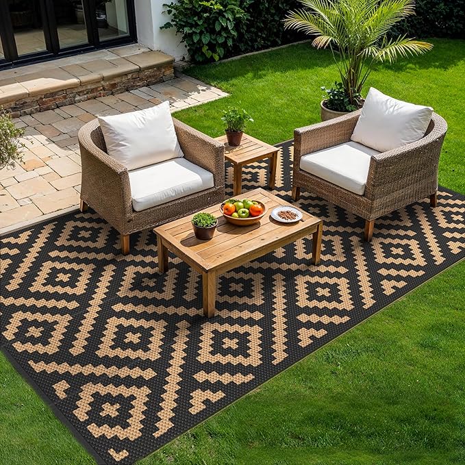GENIMO 6'x9' Outdoor Rug Waterproof for Patio Decor, Reversible Plastic Straw Rug Carpet, Camping Mats for Outdoor, RV, Backyard, Deck, Balcony, Picnic, Light Black & Brown