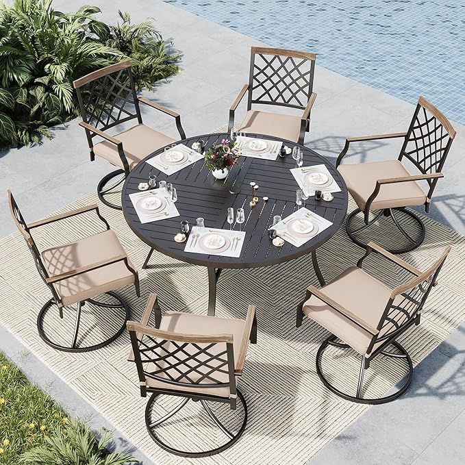 MFSTUDIO 7 PCS Patio Dining Set Including 54“ Heavy Duty Round Table and 6 Metal Swivel Chairs with Cushion, All Weather Resistant Patio Furniture for Deck, Lawn and Garden