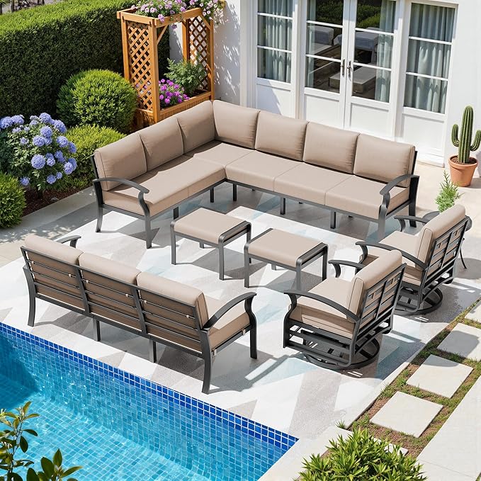 13-seat Aluminum Patio Furniture Set, L-Shaped Sectional Sofa with 2 Swivel Chairs, 5.1" Cushions, High Backrest & 2 Footstools, Durable Outdoor Patio Furniture Set, Backyard, Poolside - Sand