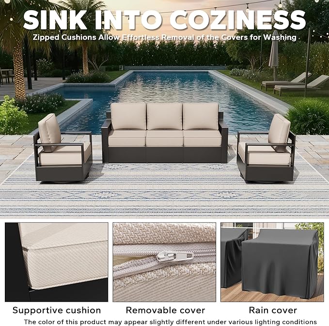 Aluminum Patio 79" Sofa Set with 2 Swivel Rocker Chairs, All Weather Outdoor Conversation Furniture with Metal Armrest & 6" Removable Cushions & Furniture Covers for Deck (Beige)